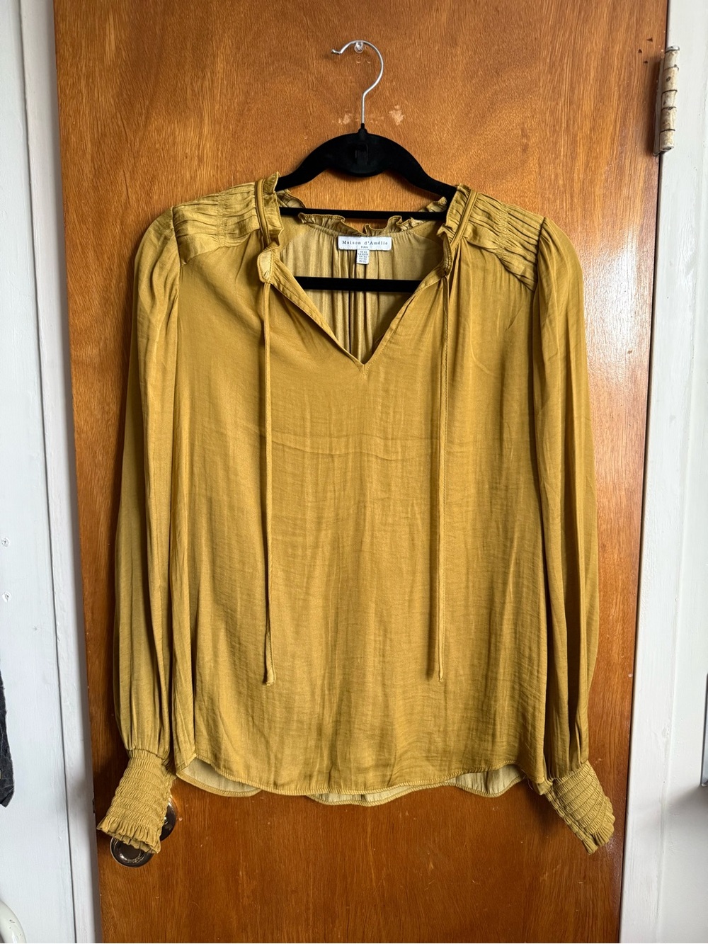 Maison d’ Amelie - Mustard Long-Sleeve Tie-Neck Peasant Blouse